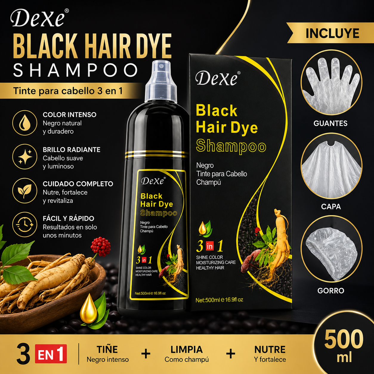 SHAMPOO TINTE 3 EN 1 UNISEX CUBRE CANAS