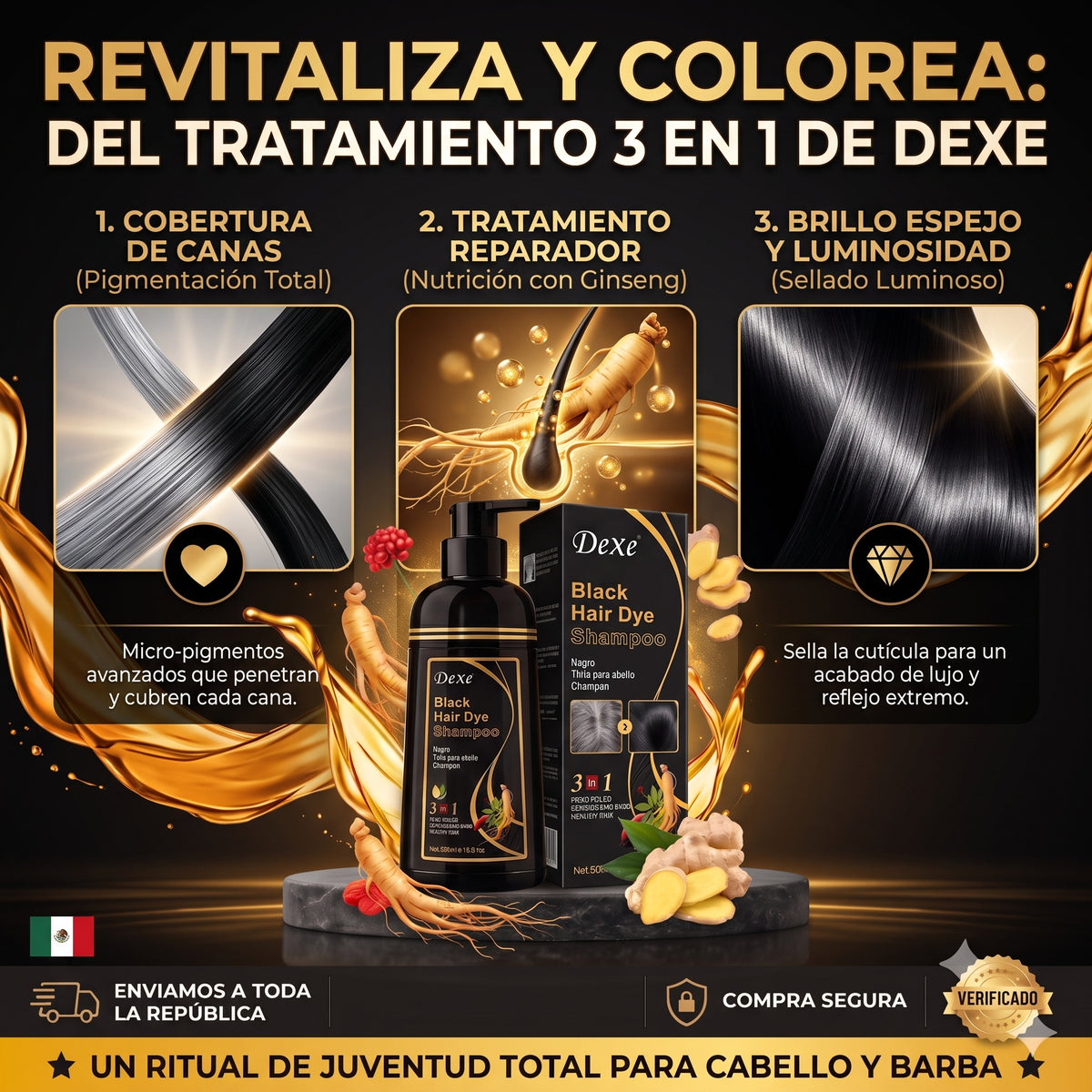 Shampoo Restaurador de Color Unisex 3 en 1 – Cobertura Total de Canas en 15 Minutos