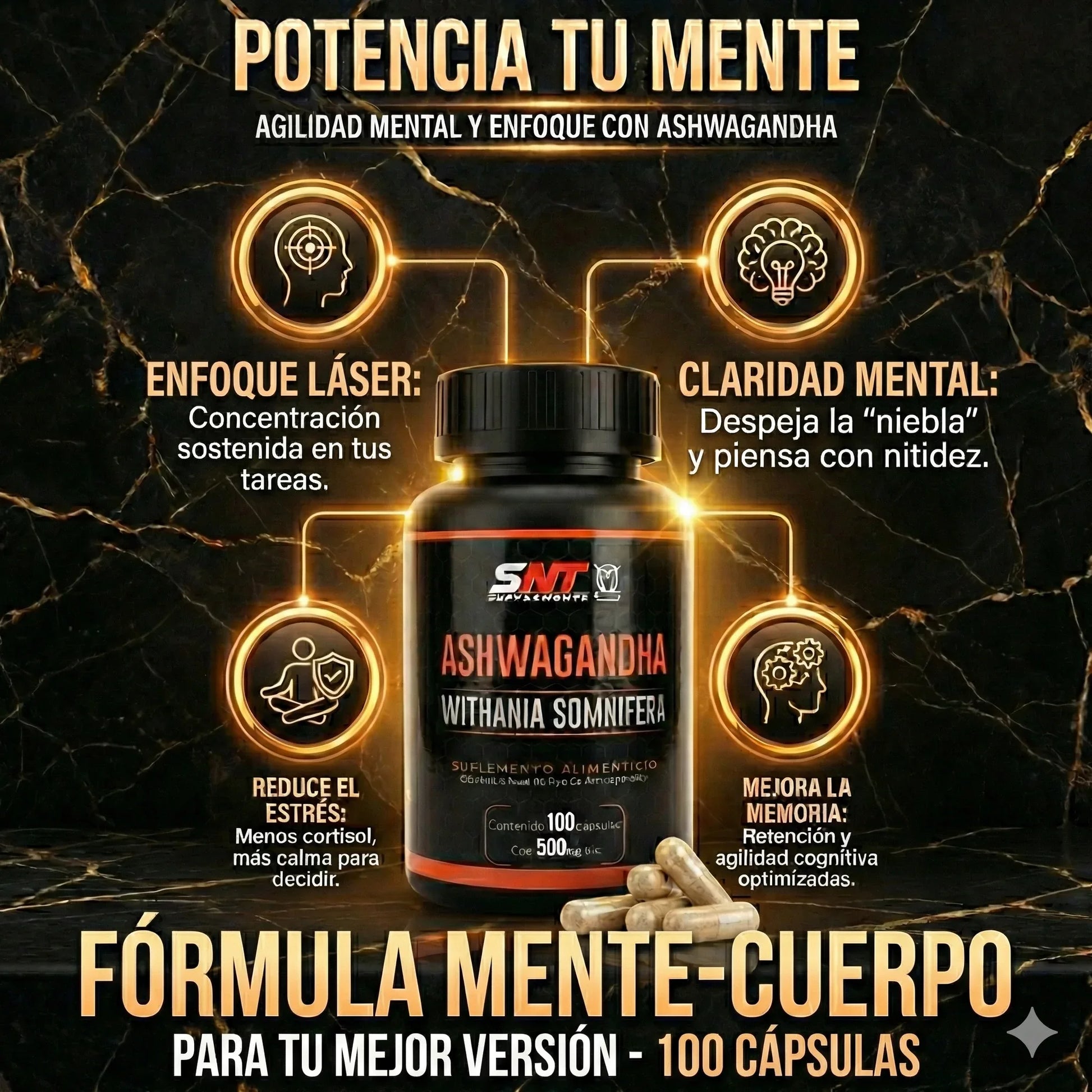 Ashwagandha Premium 500mg - 100 Cápsulas | Suplemento para Estrés y Energía - Veluxe Store 