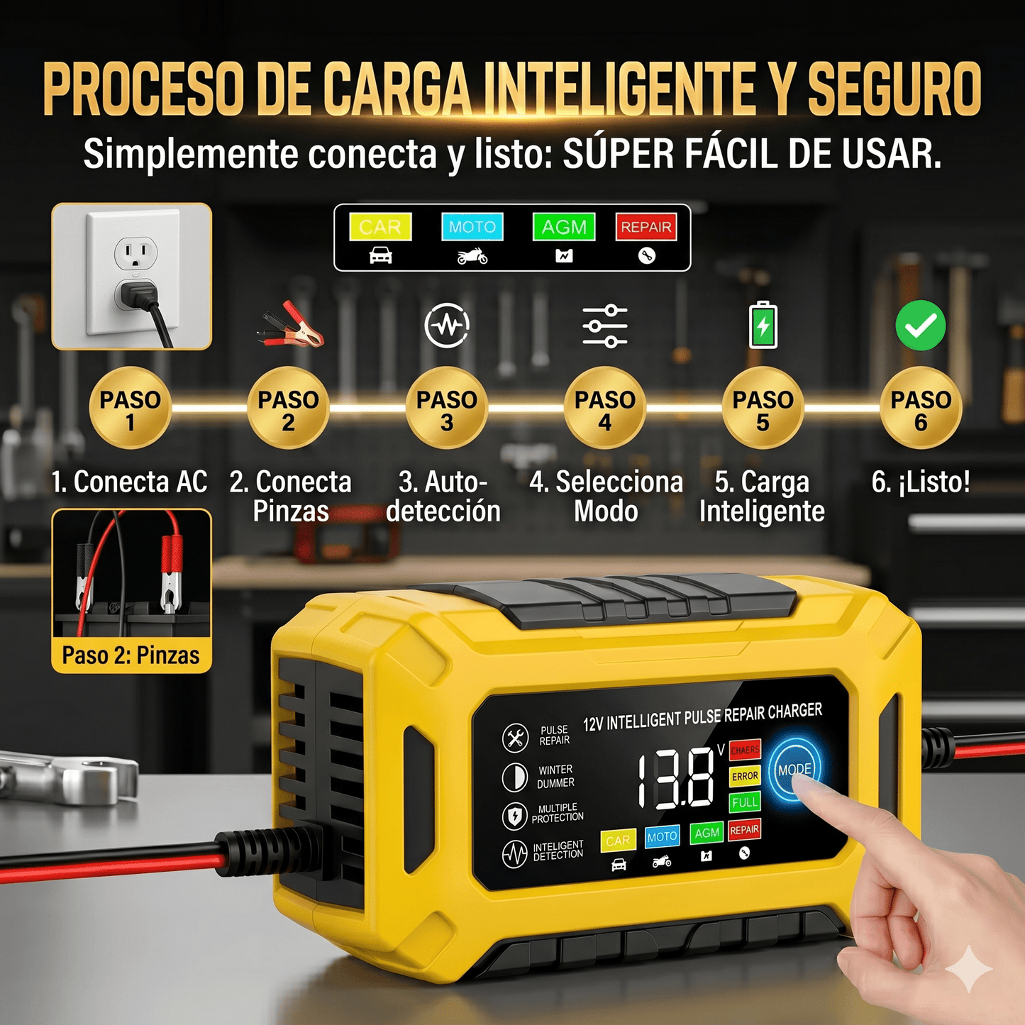 Cargador Inteligente de Batería 12V-6A con Modo REPAIR — Carga, Mantiene y Revive tu Batería - Veluxe Store