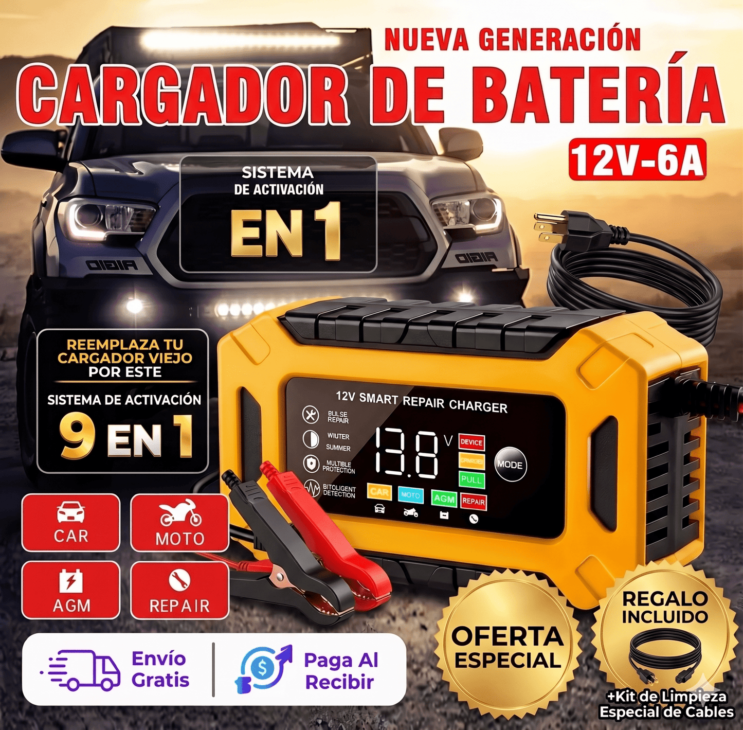 Cargador Inteligente de Batería 12V-6A con Modo REPAIR — Carga, Mantiene y Revive tu Batería - Veluxe Store