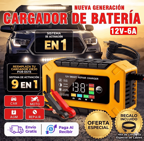 Cargador Inteligente de Batería 12V-6A con Modo REPAIR — Carga, Mantiene y Revive tu Batería - Veluxe Store