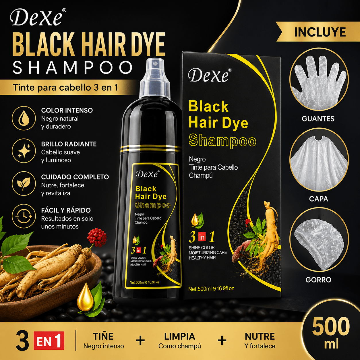 SHAMPOO TINTE 3 EN 1 UNISEX CUBRE CANAS - Veluxe Store